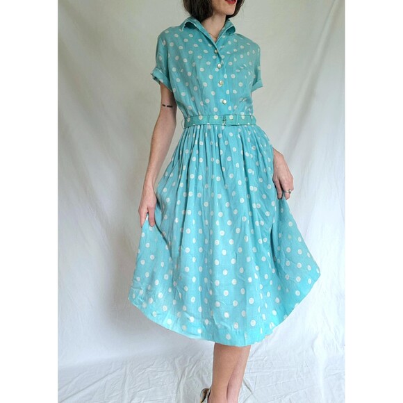 Vintage 1950s Polka Dot Shirt Dress: 50s Cotton Day Dress, Womens Medium - Picture 5 of 15